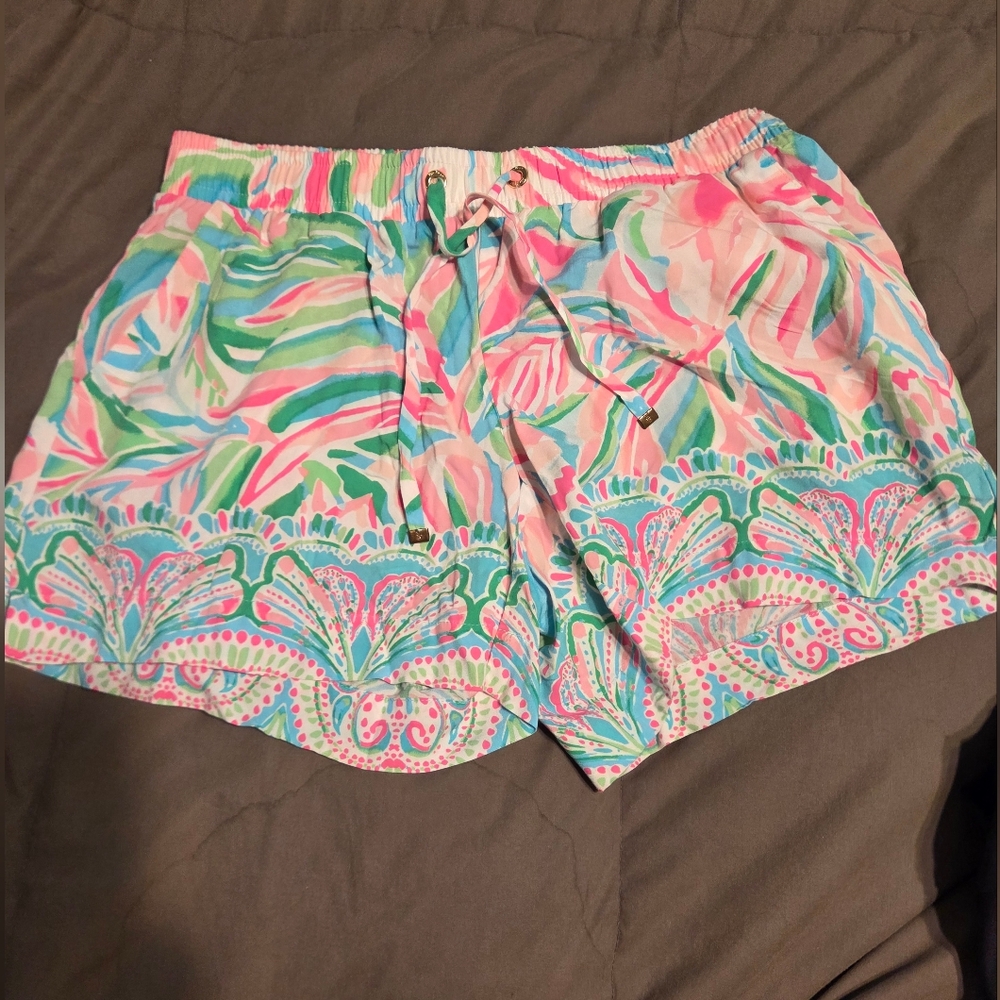 Lilly Pulitzer Pink and Green Athletic Shorts Vibrant Tropical Design